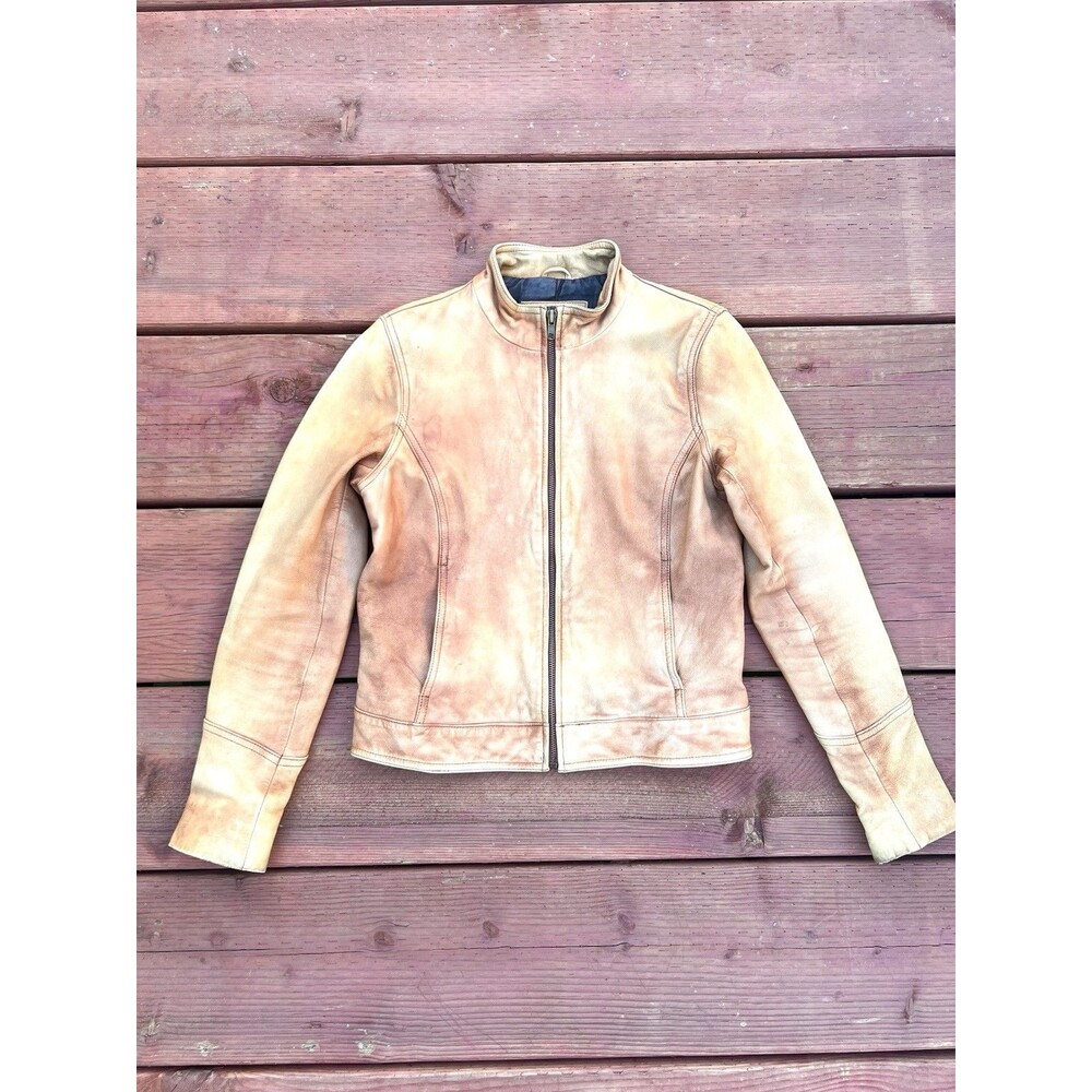 Vtg Y2K Moda International Distressed 100% Leather Jacket Sz XS Moto Biker Tan